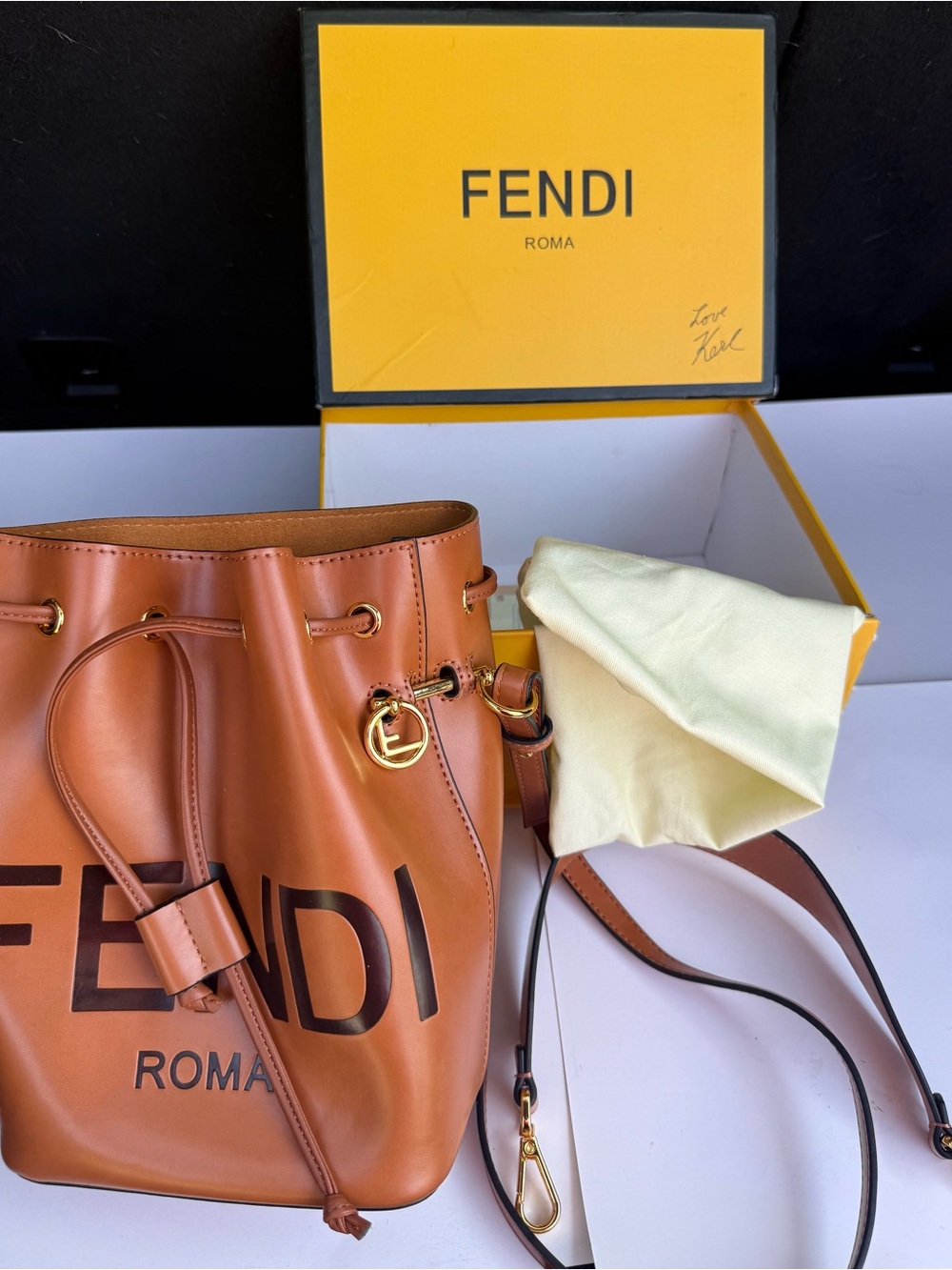 Fendi Tan Leather Roma Logo Drawstring Bucket Bag with Gold Hardware